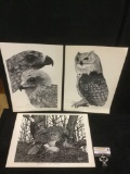 3 Sid Heller signed & #'d wildlife owl & hawk prints from Anchorage Alaska