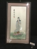 Large framed Asian woman fabric woven art in frame