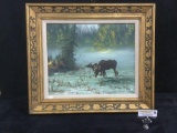 Moose mother & calf original oil painting on canvas with gilded wood frame - signed by artist
