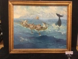 Vintage wood framed Whale Hunters oil painting on canvas signed Goodale 75