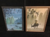 Pair of vintage framed Asian fabric art prints - Fishing & Water Buffalo