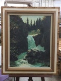 Vintage wood framed forest waterfall scene oil painting signed Goodale