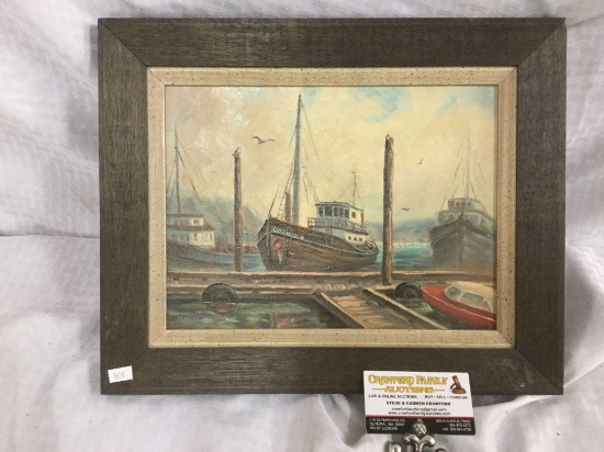 Original oil painting of boats at dock in wood frame - signed by artist A. Miller