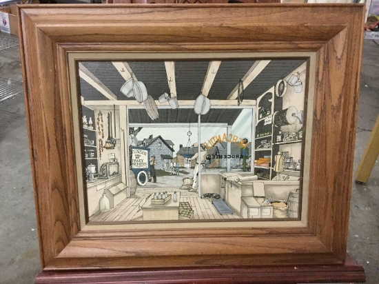Vintage framed Mercantile canvas painting signed Candy Benning 1979