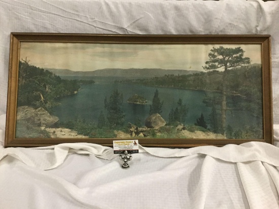Vintage framed lake print as is fair cond some damage