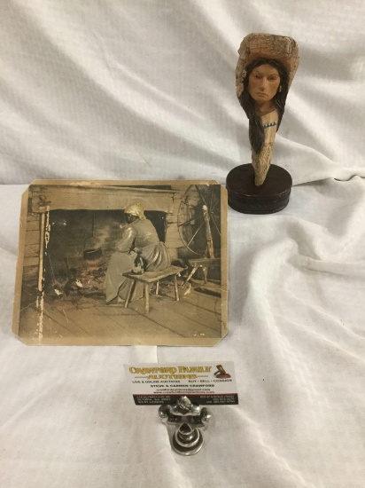 "Buffalo Woman" bust on wood base + 1909 Citizens Coal co. antique photo of woman & cat by the fire