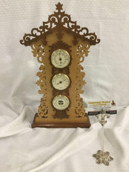 Vintage French barometer with ornate laser-cut wood design case