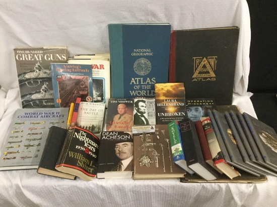 Collection of 25+ books on WWII, the Civil War, aircraft, guns etc incl. the Atlas of the World