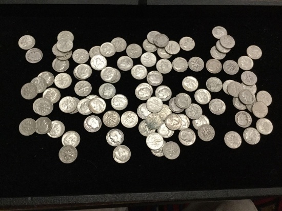 Collection of 100 un-researched silver Roosevelt dimes, all pre 1964 from estate safe deposit box.