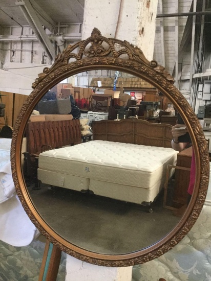Antique Round Wood Frame Mirror With Gold Finish And Ornate Carved Wood Frame Mirror With Gold Finish