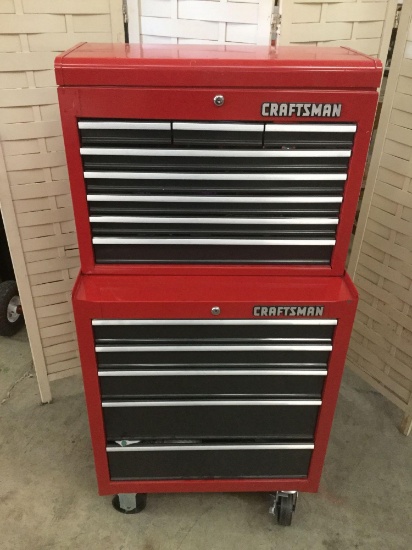 2 pc Craftsman locking rolling tool chest - 13 drawers filled with misc hand tool sets and more