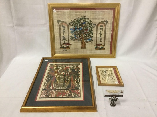 3 framed Egyptian papyrus art pieces, one w/ El Tawhid Papyrus certificate