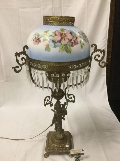 Vintage brass cherub base electric lamp w/ hand painted dome glass chandelier shade & crystals
