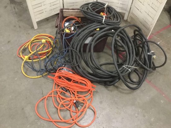Huge lot of misc. electrical cords w/ power boxes, various lengths and styles