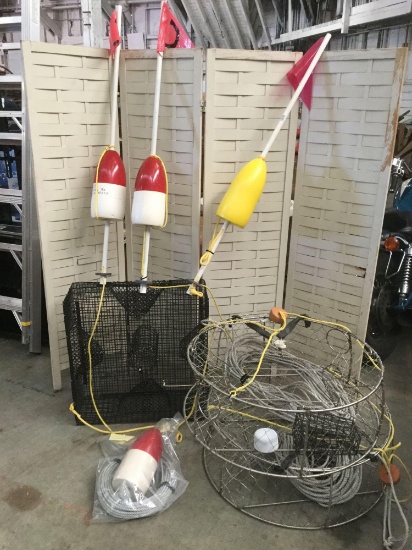 Collection of 3 large crab pots , 1 small basket, 3 marker flags, rope and unused leaded line kit