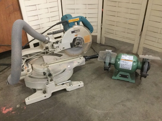 2 electric shop tools -Makita 10 inch table Saw & Grizzly 6 inch Bench Grinder