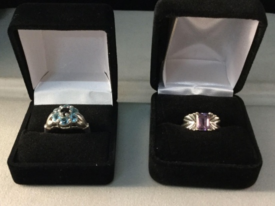 2 beautiful sterling silver rings w/ blue and purple gemstones, sizes 6 and 7