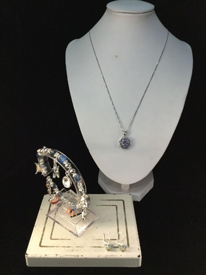 Sterling silver necklace w/ amethyst pendant, silver charm bracelet, & butterfly earrings