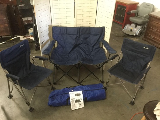 Coleman 10x10 shelter w/ 2 folding camp chairs & love seat + NIB Portable Kerosene Heater