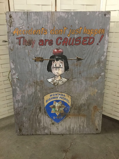 Vintage hand painted Montana Highway Patrol 3-7-77 backlit carnival sign - "Accidents dont just..."