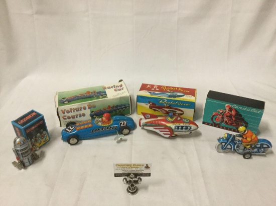 Vintage tin toy lot - Racing Car Lotus 27, Rocket Racer friction toy, repro Pendupet moto etc