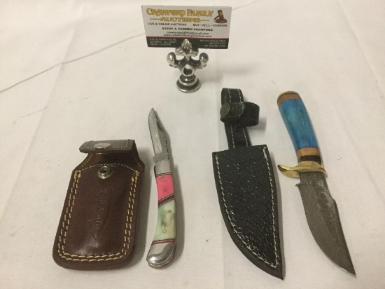 2 knives w/ decorative handles & sheath - marked Brett Martin & Great Seal of The State of Oklahoma.