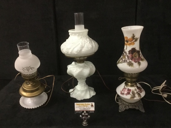 3 vintage hurricane/oil lamp style table lamps incl. rare spiraled milk glass lamp