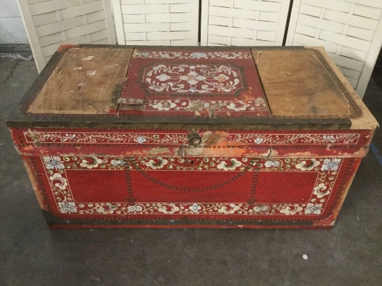 Antique European wallpapered steamer trunk / storage trunk with nice flower design