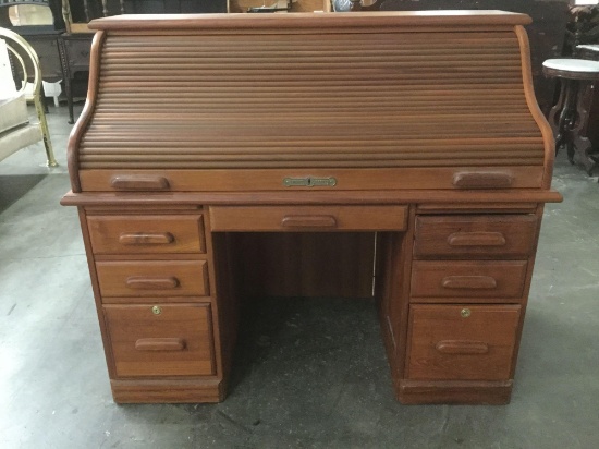 Post Master wood roll top desk w/ file cabinet drawer, marble writing surface