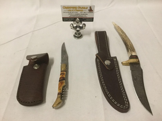 2 vintage knives with leather sheaths - fine handled pocket knife with bone handled hunting knife