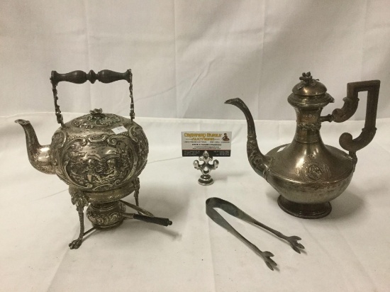 Lot of 2 antique silverplate tea pots and Crescent tongs as is