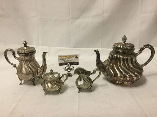 Antique .800 coin silver 4 pc tea set incl. coffee, sugar and creamer with teapot - "swirled" design