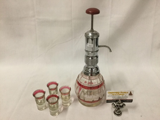 Vintage glass/chrome pump drink dispenser with 4 matching shot glasses and leather padded push pump