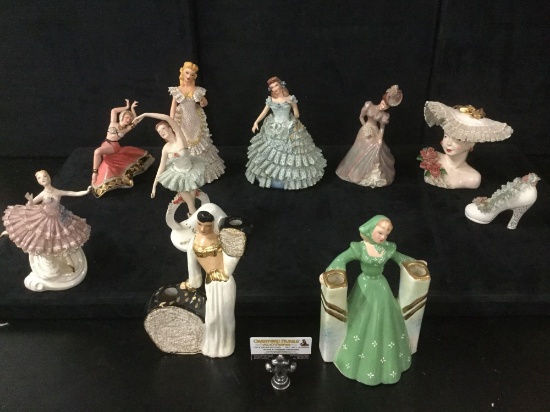 10 porcelain lady figurines & vases incl. many hand painted & marked "Audrey" - see pictures