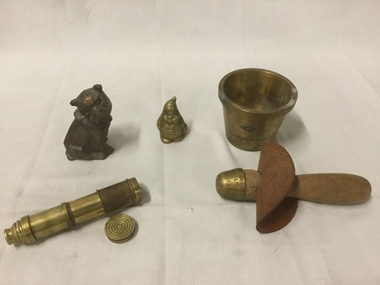 5 pc collection of brass collectibles incl. mortar and pestle, bulldog, telescope etc