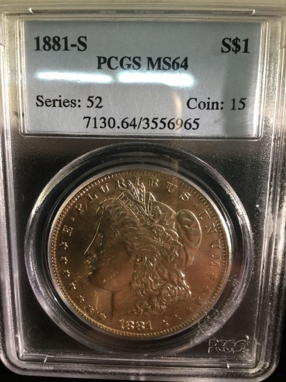 1881-S silver Morgan dollar rated PCGS MS64