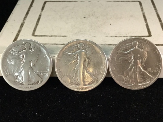 3 silver walking Liberty half dollars, 1917-S, 1918-S, and 1928-S