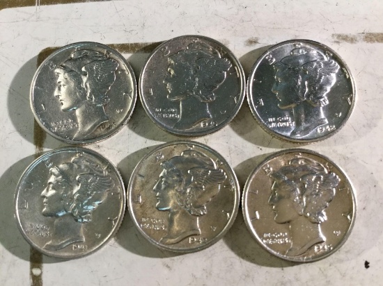 Set of 6 MS quality mercury dimes from 1941 to 1945, see pics