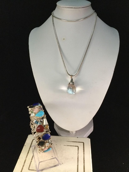 Beautiful sterling silver necklace w/ crystal ball pendant and natural stone & silver bracelet
