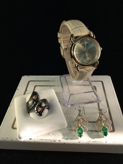 Beautiful Black hills gold watch, ring, and matching earrings, see pics