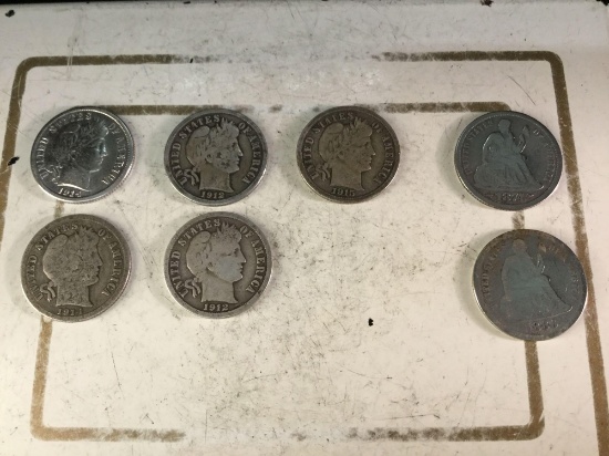 Set of 5 Silver Barber dimes and 2 silver seated dimes from 1866 to 1915