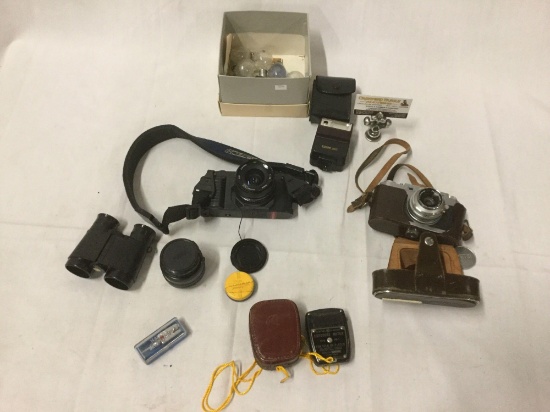 Cameras lot - Canon T50 camera w/ strap and 28mm lens, Canon speedlite flash, etc see desc