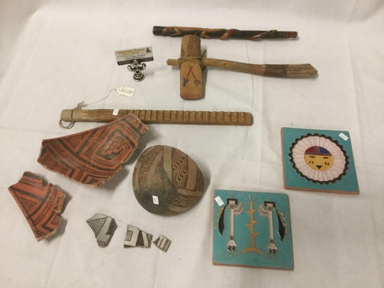 Native American collectibles incl. painted tiles, hatchet, Pueblo dance noise maker, etc