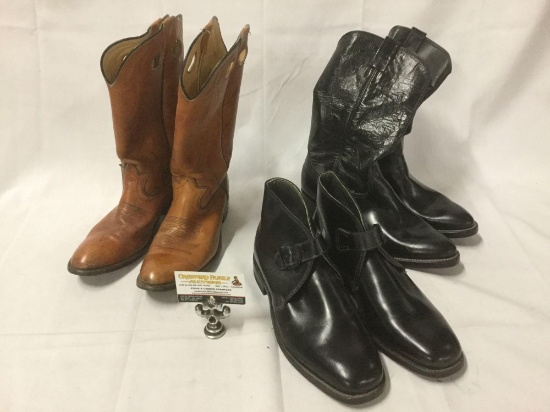 3 pairs of men's leather boots - Nocono black boots sz 10D, Brown Cowboy boots size 10 1/2 +