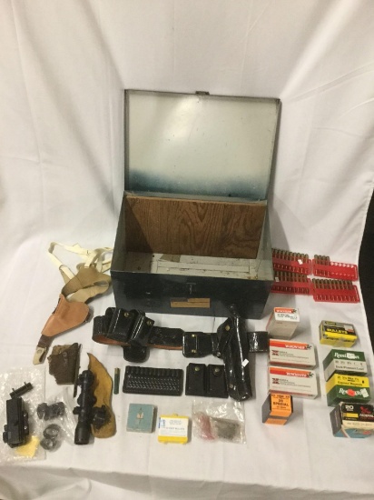 Steel case full of ammo, gun belt, holsters, scopes + see desc: shotgun shells, Winchester .38