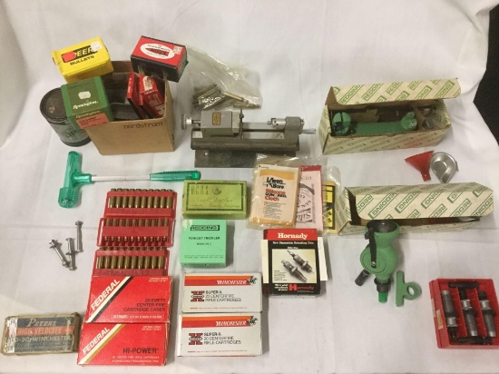 Large ammo cartridge & empty shell lot + reloading equip incl. Hornandy reloading dies, scale, etc