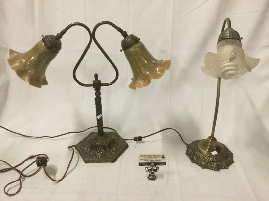 Pair of vintage bronze/brass base art deco style tulip lamps - single and dual bulb