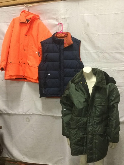 Lot of 3 cold weather coats - Refrigi Wear hooded coat sz L, Glaciers Edge reversible vest + 1 more