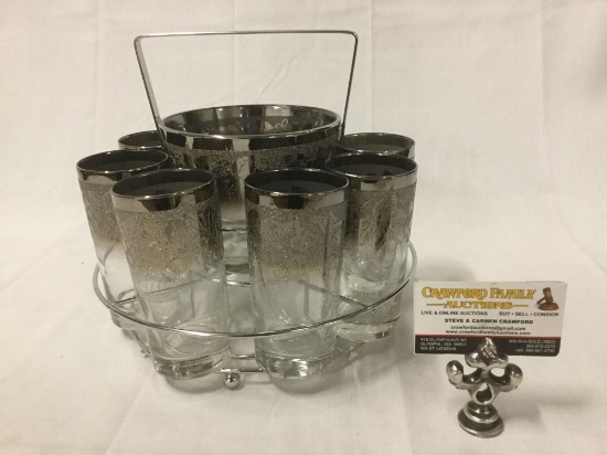 Set of 8 silver Mid century fade tumblers with matching ice bucket and chrome rack