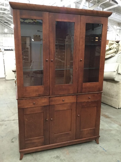 Modern burnished walnut stain china hutch with glass front doors and glass shelves